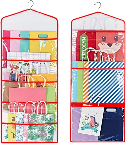 Vista 9 de ProPik Organizador de almacenamiento colgante de doble cara para bolsas de regalo con múltiples bolsillos delanteros y traseros, organiza tu papel