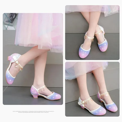 Vista 2 de Furdeour Sandalias para niñas con lazo brillante, zapatos de vestir de princesa con tacones altos de cristal, para fiestas, bodas, flores, zapatos
