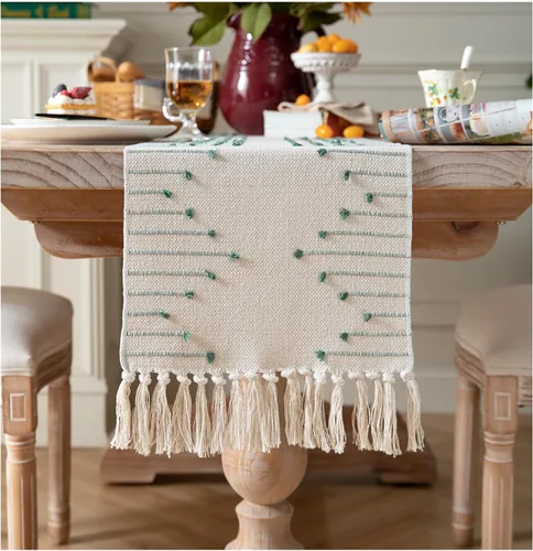 Vista 7 de Camino de mesa bohemio de 13 x 48 pulgadas de largo, tejido de algodón natural con borlas para decoración de mesa de comedor del hogar
