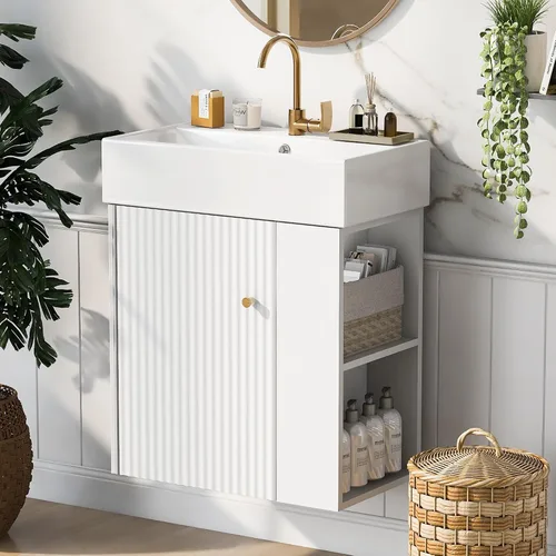Vista 10 de Harper & Bright Designs Tocador de baño de 21.6" con lavabo, conjunto de tocador independiente de lavabo individual con gabinete de almacenamiento