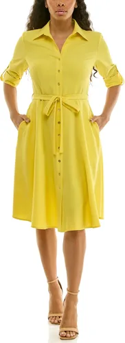 Vista 2 de Sharagano Vestido camisero plisado para mujer, manga 3/4, cuello en V, botones dorados Acacia