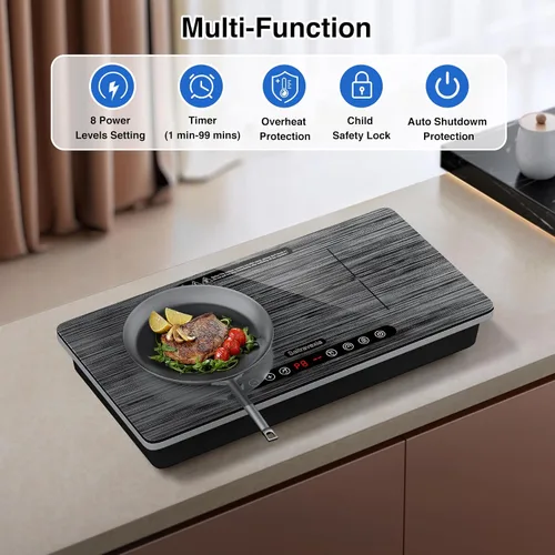 Vista 5 de Placa de inducción portátil de 2 quemadores, quemador de inducción doble de 1800 W con control táctil, temporizador y bloqueo de seguridad, estufa