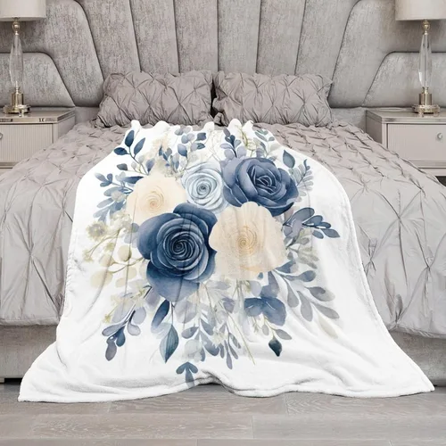 Vista 6 de Manta de flores de acuarela azul marino, bohemias, manta de acuarela floral con coronas de rosas y hojas de peonías, lujosa, cálida y acogedora