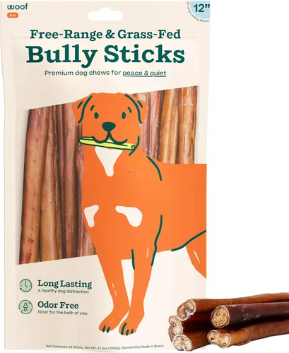 Vista 8 de WOOF Bully Sticks Golosinas para Perros - Palitos Masticables para Perros - Golosinas Masticables para Perros de Larga Duración - Hechos con Carne