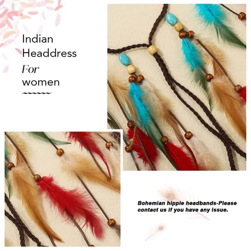 Vista 5 de CAKURE Diadema de plumas bohemias, tocado gitano, bohemio, turquesa, diadema azul hippie, diadema ajustable, accesorios para el cabello de plumas