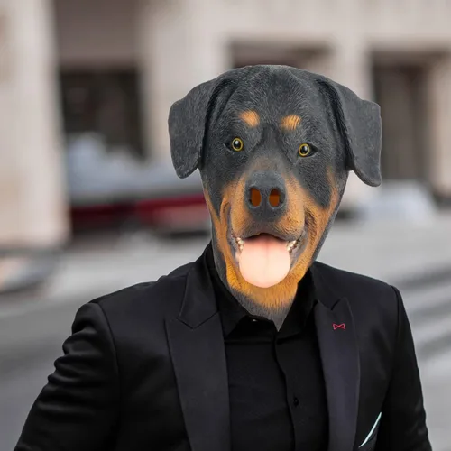 Vista 2 de PartyHop Rottweiler Máscara de cabeza de perro de látex animal de cabeza completa, máscaras realistas para Halloween, carnaval, fiesta de disfraces