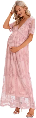 Vista 5 de ZIUMUDY Vestido de novia de maternidad con cuello en V y encaje floral de manga corta para sesión de fotos, baby shower
