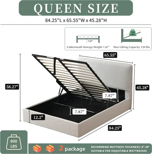 Vista 2 de Marco de cama de almacenamiento Queen con cabecero curvado, color crema Linen Upholstered Bed Frame, Hydraulic & Sturdy Wooden Slat Support, No