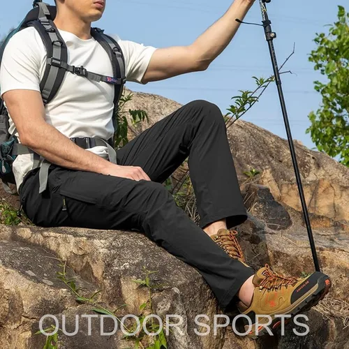 Vista 7 de Pantalones de senderismo para hombre con cinturón, secado rápido, ligeros, impermeables, con bolsillos con cremallera