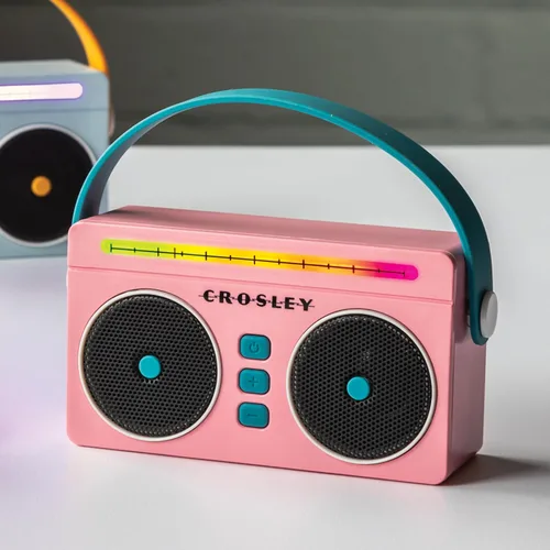Vista 6 de Crosley CR3050A-FG Mini Boombox Altavoz Bluetooth Portátil Retro con Luces LED, Flamingo
