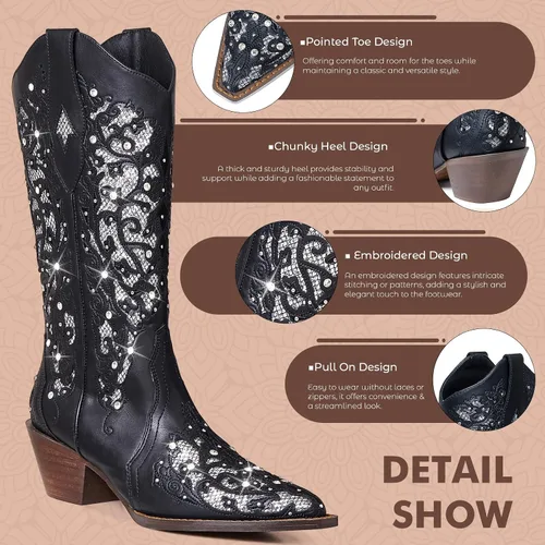 Vista 3 de SaraIris Botas vaqueras para mujer, botas vaqueras, botas occidentales, tacón grueso, punta puntiaguda, con diamantes de imitación bordados, botas