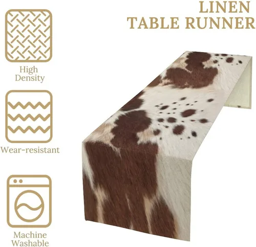 Vista 4 de Camino de mesa con estampado de piel de vaca, lino y algodón, rústico, estilo occidental, color negro, marrón, piel de vaca, para decoración