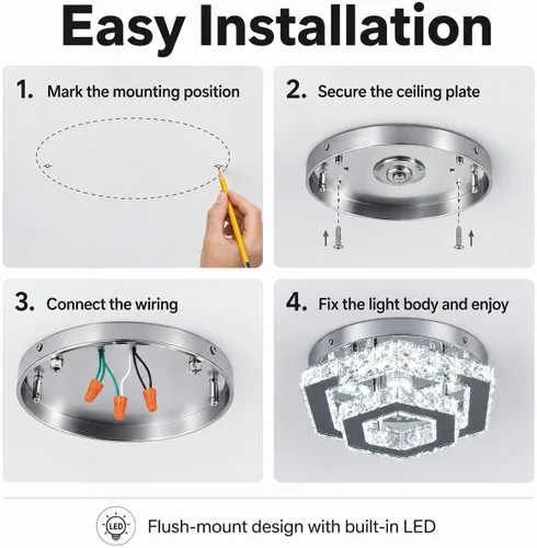 Vista 8 de Candelabro LED Moderno de Montaje al Ras Lámpara de Techo Candelabros de Cristal para Sala de Estar Dormitorio Comedor Cocina (6500K Blanco Frío)
