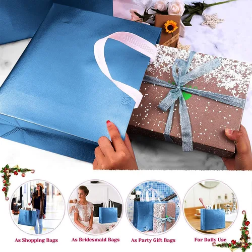 Vista 5 de Juego de 12 bolsas de comestibles reutilizables brillantes con asas, bolsa de regalo de despedida de soltera, bolsa de dama de honor no tejida