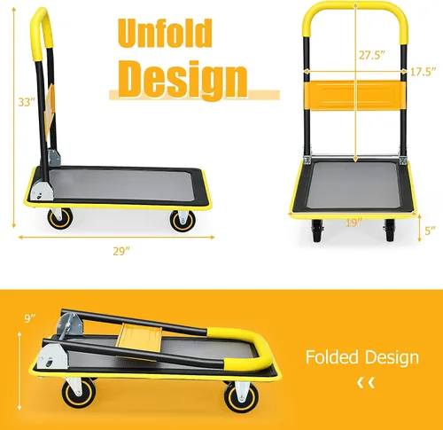 Vista 7 de Goplus Carrito de plataforma plegable, carrito de plataforma de mano con ruedas de 330 libras, carrito de mano para carga, amarillo