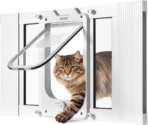 Vista 11 de VEVOR Puerta de gato para ventana, ajustable para adaptarse a un ancho de ventana de 27 a 32 pulgadas, 4 modos de bloqueo seguro, marco de aluminio
