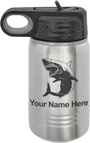 Vista 43 de LaserGram Botella de agua personalizada, gran tiburón blanco, acero inoxidable de doble pared aislada al vacío con popote superior, regalo grabado