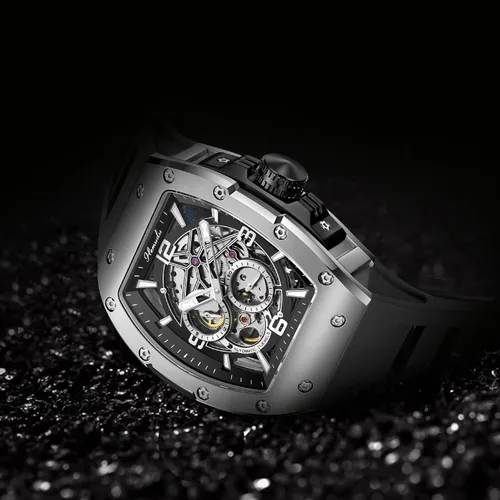 Vista 8 de HEMUDU Tonneau - Reloj mecánico automático para hombre, esqueleto de lujo, 50M, impermeable, ajustable, correa de silicona, reloj de negocios