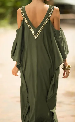 Vista 4 de Women's Cover up Casual V Neck Golden Edge Swimsuit Cover Up Off Shoulder Beach Casual Caftan Dress