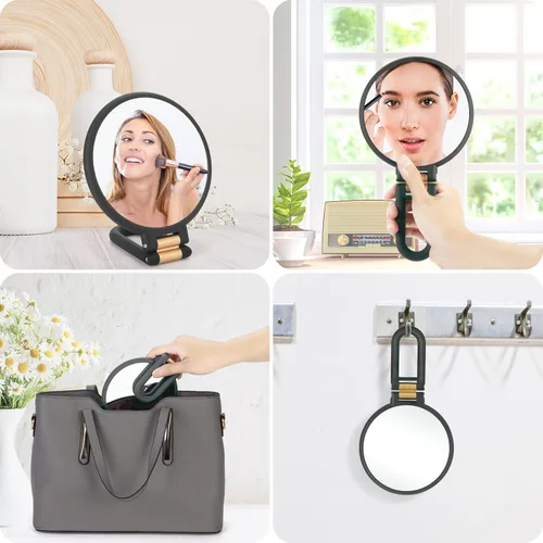 Vista 5 de 1 espejo de viaje con aumento, espejo de mano con mango - Espejo de mano de doble cara con 1 aumento de 20x y mango plegable, espejo de mano