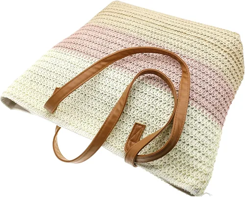 Vista 5 de Bolso grande de paja para mujer, tejido de ratán, bolso de playa de verano, a rayas