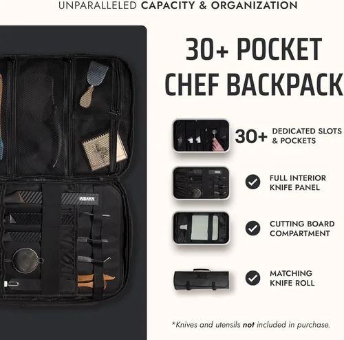 Vista 2 de Asaya - Mochila para cuchillos de chef con bolsa enrollable para 20 cuchillos de bolsillo - Más de 30 bolsillos para cuchillos - Los cuchillos