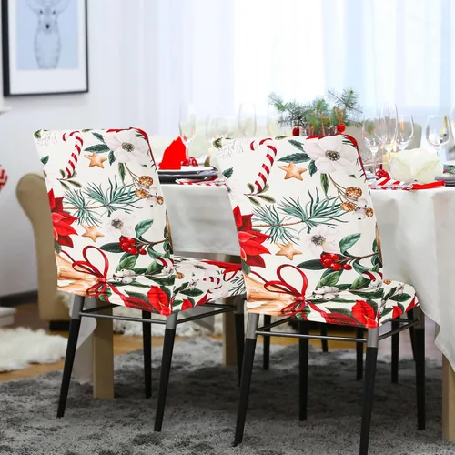 Vista 6 de 4 fundas para sillas de Navidad, diseño de flor de pascua roja vintage, fundas protectoras elásticas extraíbles y elásticas para el hogar, cocina