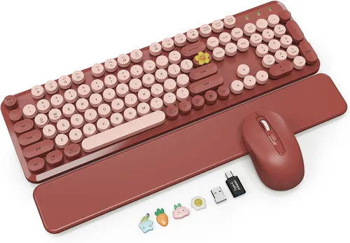 Vista 12 de Combo de teclado y mouse inalámbricos con reposamuñecas magnético, teclas redondas, teclado retro de tamaño completo, patas inclinables de dos Azul