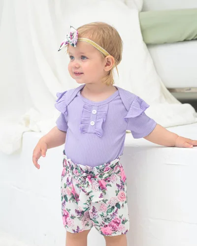 Vista 2 de Mioglrie Conjunto de ropa para bebé recién nacida, conjunto de pantalones cortos, lindos trajes de verano para bebés, ropa de bebé de algodón