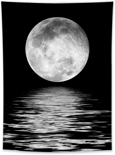 Vista 5 de LB Tapiz pequeño de luna llena sobre océano, tapiz de pared de cielo nocturno estrellado, fantasía 3D, arte de pared de luna grande en blanco