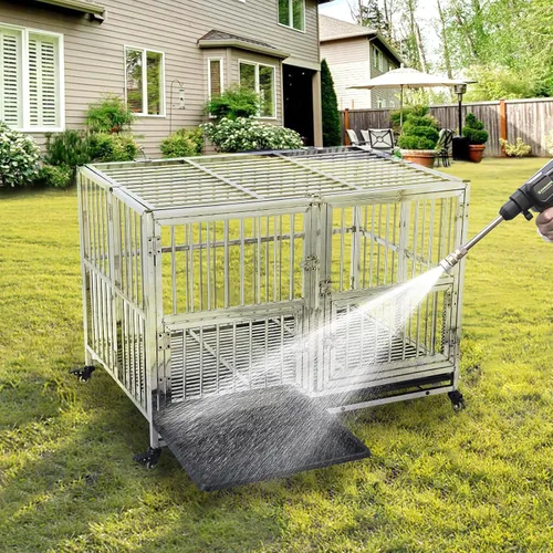 Vista 8 de Jaula para perros resistente de 42 pulgadas con ruedas, jaula de acero inoxidable indestructible de alta ansiedad, diseño de cerraduras resistentes