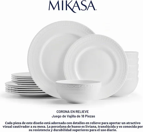 Vista 5 de Mikasa Crown White - Juego de vajilla de 18 piezas resistente a las astillas, servicio para 6 personas