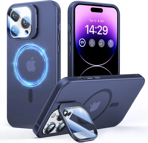 Vista 25 de Funda para iPhone 14 Pro, protección contra caídas de grado militar, compatible con MagSafe, soporte integrado y protector de lente de cámara, funda