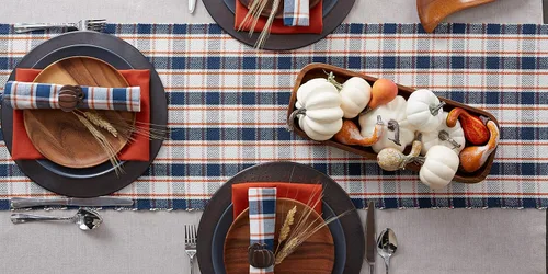 Vista 5 de DII Decoración de mesa de Acción de Gracias y otoño, diseño a cuadros de granja, acanalado, 13 x 72 pulgadas, azul y naranja