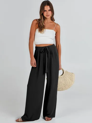Vista 7 de Caracilia Pantalones palazzo de pierna ancha para mujer, de cintura alta, ajustables, con lazo, holgados, informales, con bolsillos
