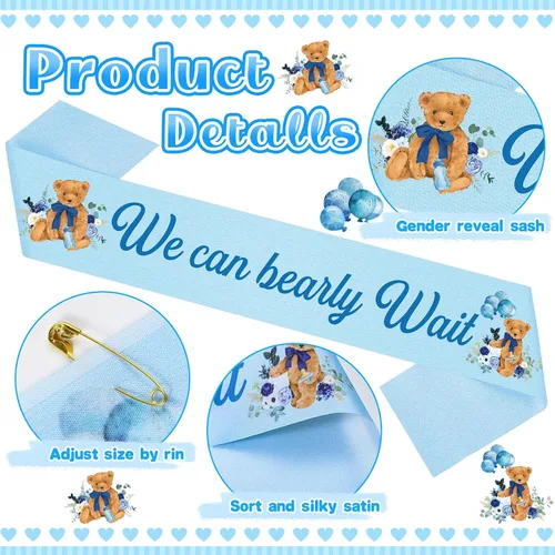 Vista 3 de Capoda Tema de oso We Can Bearly Wait Baby Shower Decoraciones Mom to Be Sash Dad to Be Pin y diadema de corona de flores para baby shower, banda
