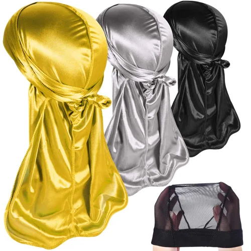 Vista 14 de Paquete de 3 piezas de durags sedosas para ondas de hombres, de regalo 1 gorra para marcar las ondas, talla única