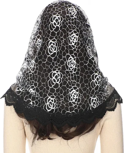Vista 4 de Mantveil Velos de Iglesia Católica para Mujeres Vintage Negro Blanco Rosa Floral Encaje Mantilla Capilla Velo Latino Mass Head Coverings