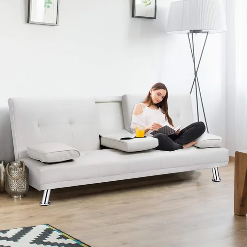 Vista 6 de Walsunny Sofá moderno de piel sintética, sofá reclinable plegable, brazos dobles, sala de estar dormitorio sofá silla (blanco)