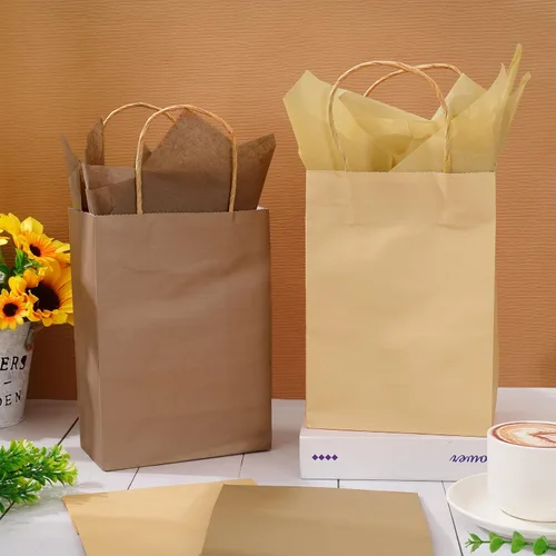 Vista 5 de Whaline 24 bolsas de regalo de papel marrón con asas, bolsas de compras de comestibles con 30 hojas de papel de seda de envoltura para vacaciones