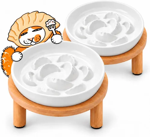 Vista 23 de Cuencos elevados de cerámica para gatos con soporte de bambú, platos elevados de comida para mascotas para gatos y perros pequeños, comedero