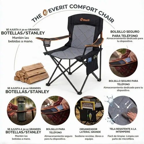 Vista 8 de EMERIT Silla de campamento, 350 libras, silla plegable cuádruple resistente con brazos, sillas plegables para exteriores con respaldo lumbar