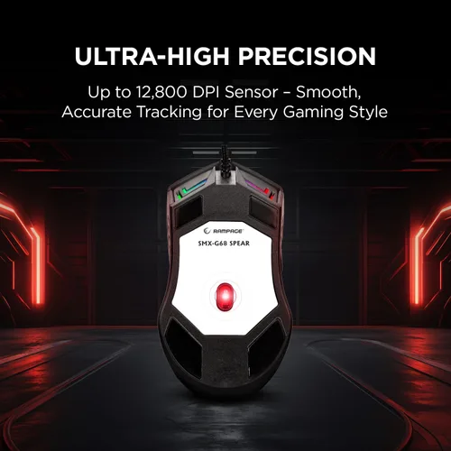 Vista 5 de Rampage Spear V2 - Mouse para juegos con cable negro con iluminación RGB, 12800 DPI, 7 botones programables, mouse ergonómico ligero
