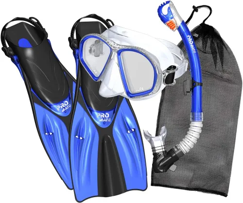 Vista 4 de Promate Juego de esnórquel, máscara de aletas de esnórquel y bolsa de equipo de snorkel seco para adultos y jóvenes, juego de esnórquel