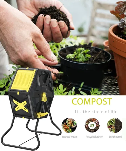Vista 6 de Contenedor de compost giratorio de 18.5 galones de material libre de BPA – Compostadores de una sola cámara giratoria para exteriores, con sistema