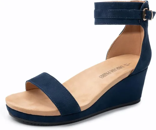 Vista 12 de Dream Pairs Sandalias de plataforma, con cuña y correa al tobillo, con hebilla y punta abierta, para mujer Negro
