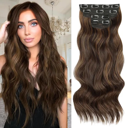 Vista 11 de Extensiones de cabello con clip de Vigorous de 20 pulgadas, con reflejos rubio playa, extensiones de cabello ondulado largo y suave de cabello