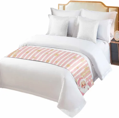 Vista 2 de Camino de cama de Navidad de Papá Noel rosa para cama de tamaño individual, manta decorativa de Navidad para pie de cama, protector de ropa de cama