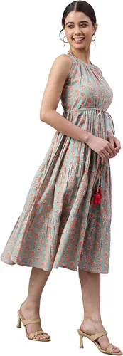 Vista 4 de Janasya Vestido indio de algodón verde menta con estampado floral de bloques para mujer
