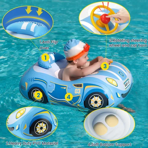 Vista 3 de Flotador de piscina para bebé, diseño de coche de policía, flotadores inflables para niños pequeños de 1 a 3 años, flotadores de piscina para niños